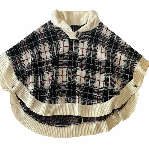 Talbots Cowlneck Cape Poncho Size Small Lambswool‎ Plaid Knitted Black Cream - Picture 3 of 10